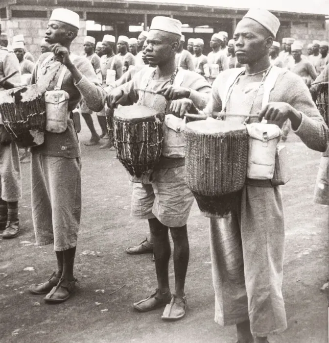 Framed Print : 1940s East Africa - military drums, training camp, Kenya Framed Print : 1940s East Africa - military drums, training camp, Kenya