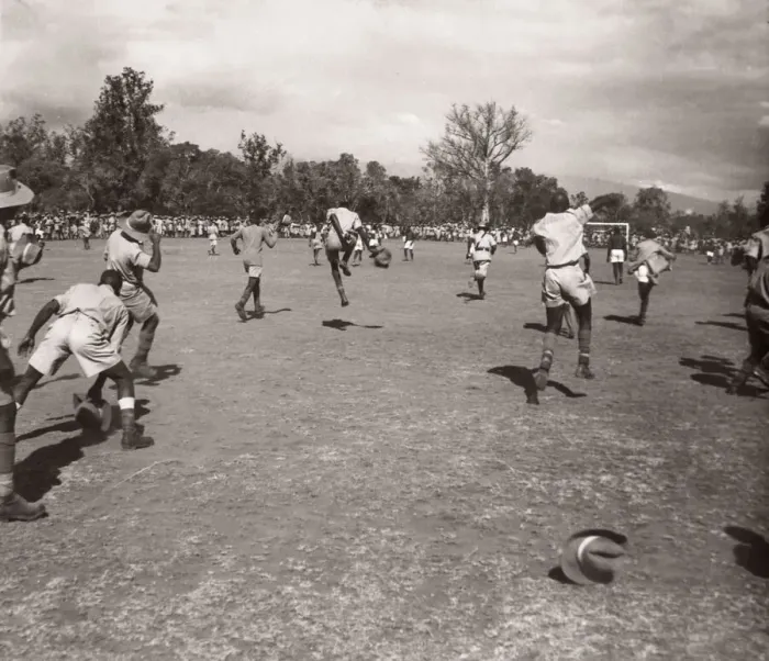 Framed Print : 1940s East Africa - soldiers playing football in camp Framed Print : 1940s East Africa - soldiers playing football in camp