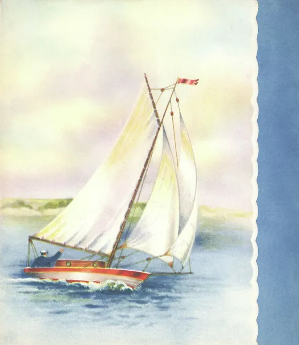 Framed Print : Yacht. Illustration of a mariner sailing in his yacht. Date: 1950s Framed Print : Yacht. Illustration of a mariner sailing in his yacht. Date: 1950s