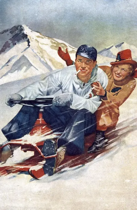 Framed Print : 1950s - Young couple having fun on a snowmobile Framed Print : 1950s - Young couple having fun on a snowmobile