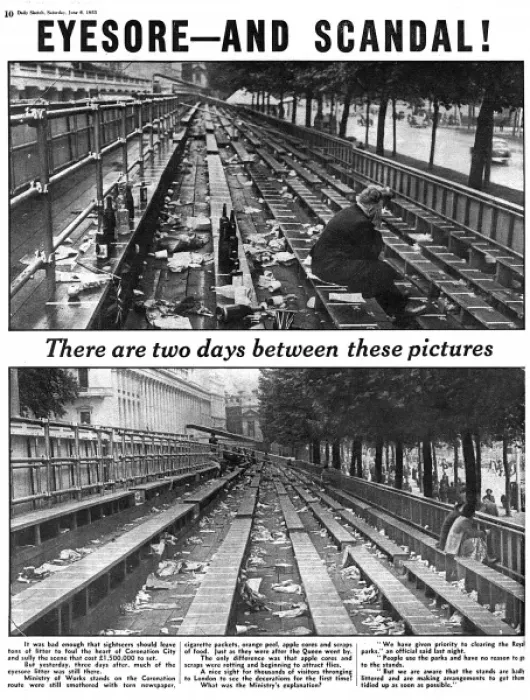 Framed Print : 1953 Coronation - Rubbish in the stands after crowds had lef Framed Print : 1953 Coronation - Rubbish in the stands after crowds had lef