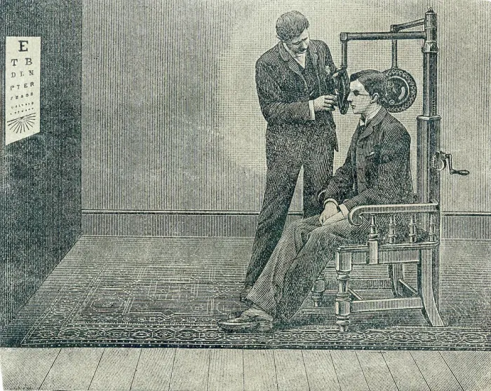 Framed Print : 19th century Optician testing patient's eyesight Framed Print : 19th century Optician testing patient's eyesight
