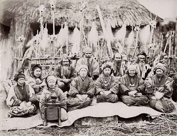 19th century vintage photograph: Japan - portrait of an Ainu Aino group Hokkaido, Japan c