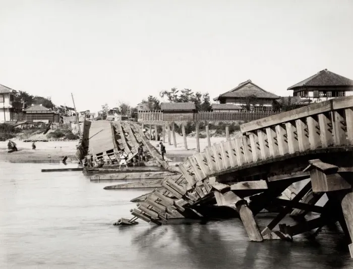 Framed Print : 19th century vintage photograph: earthquake damage in Japan c. 1890, collapsed bridge Framed Print : 19th century vintage photograph: earthquake damage in Japan c. 1890, collapsed bridge