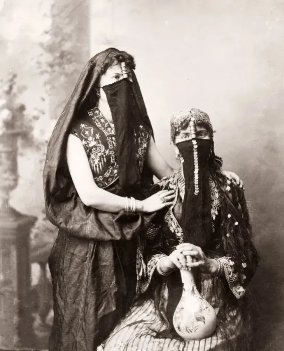 Framed Print : 19th century vintage photograph - Egypt - portrait of veiled Egyptian women with a vase