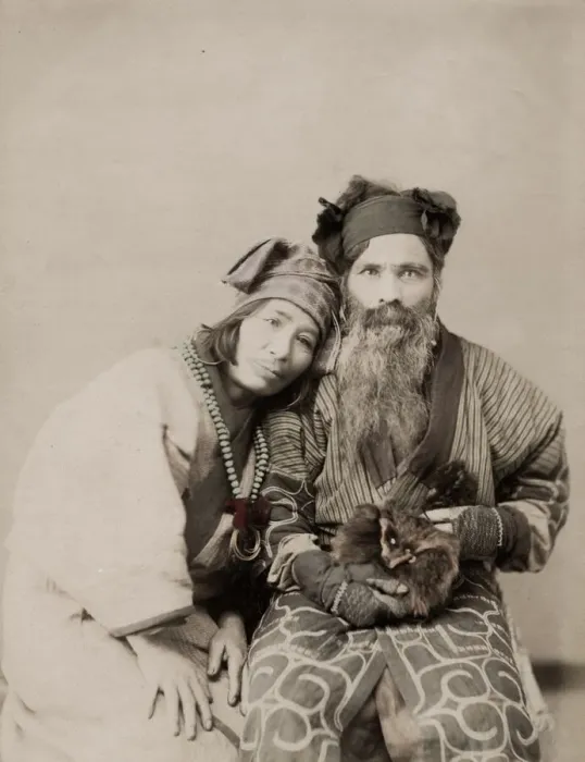 Framed Print : 19th century vintage photograph: Japan - portrait of an Ainu Aino couple Hokkaido Framed Print : 19th century vintage photograph: Japan - portrait of an Ainu Aino couple Hokkaido