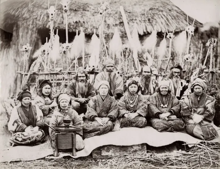 Framed Print : 19th century vintage photograph: Japan - portrait of an Ainu Aino group Hokkaido, Japan c Framed Print : 19th century vintage photograph: Japan - portrait of an Ainu Aino group Hokkaido, Japan c