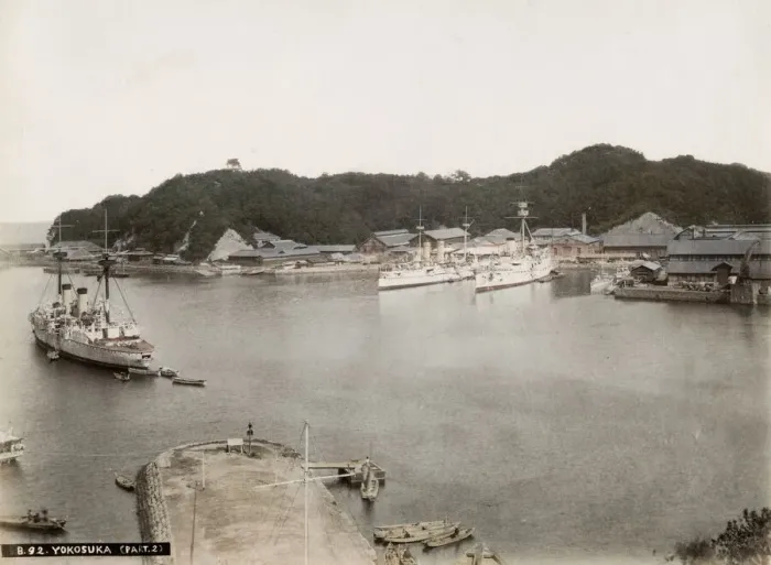 Framed Print : 19th century vintage photograph: ships and boats in the dockyard at Yokosuka, Japan Framed Print : 19th century vintage photograph: ships and boats in the dockyard at Yokosuka, Japan