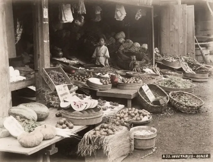 Framed Print : 19th century vintage photograph: vegetable shop store stall, Japan, c. 1880 s Framed Print : 19th century vintage photograph: vegetable shop store stall, Japan, c. 1880 s