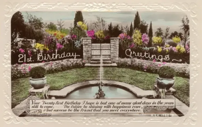 Framed Print : 21st birthday card with garden and fountain Framed Print : 21st birthday card with garden and fountain