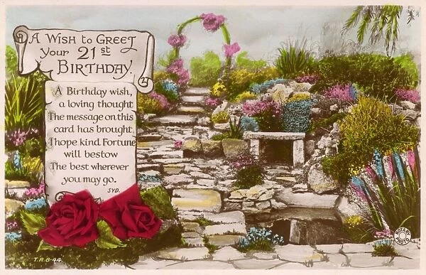 21st birthday card with garden path and flowers