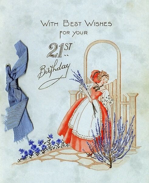 21st birthday card with lady gathering lavender