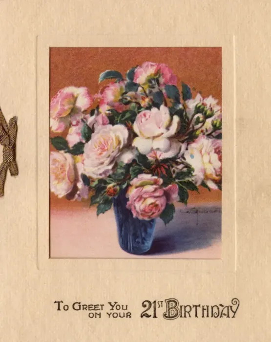 Framed Print : 21st birthday card with vase of pink roses Framed Print : 21st birthday card with vase of pink roses