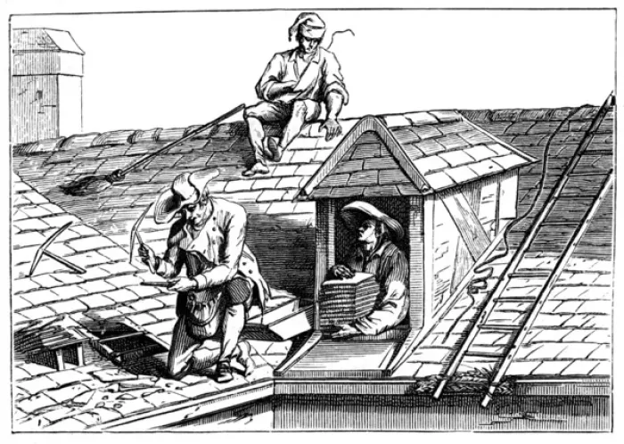 Framed Print : 3 Men Tile a Roof Framed Print : 3 Men Tile a Roof