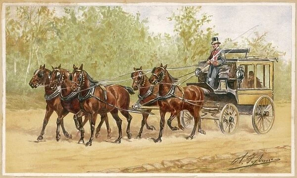 5-Horse Carriage. Five horses pull this family carriage, with coachman in livery