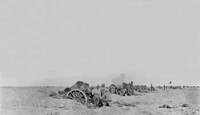 Framed Print : 7  /  1  /  16 Battle of Shaik Saad. 18 pounder battery in action