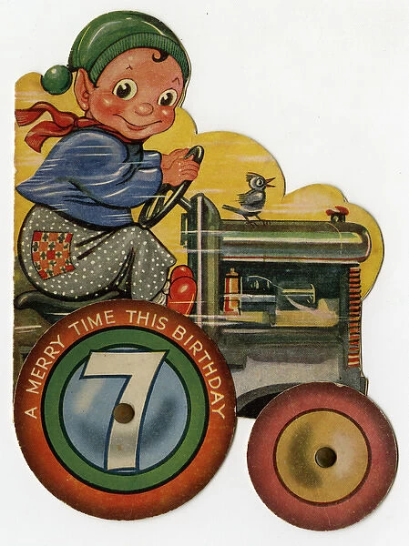 7th birthday card, boy on a tractor
