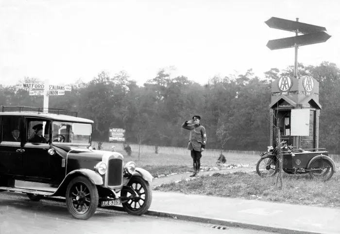 Framed Print : AA patrolman at Garston near Watford probably 1930s Framed Print : AA patrolman at Garston near Watford probably 1930s