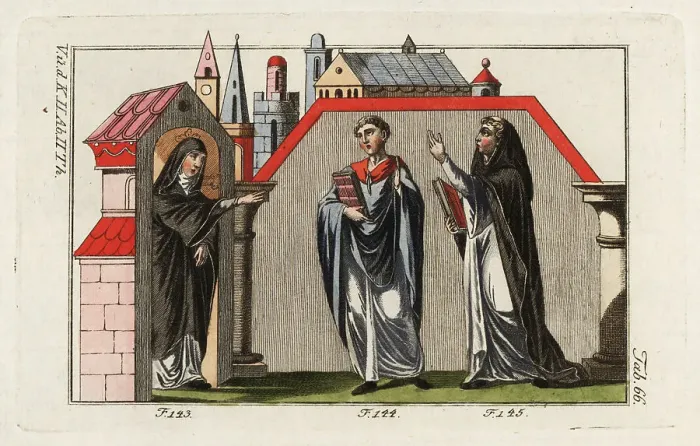 Framed Print : Abbess, priest and monk, 12th century Framed Print : Abbess, priest and monk, 12th century