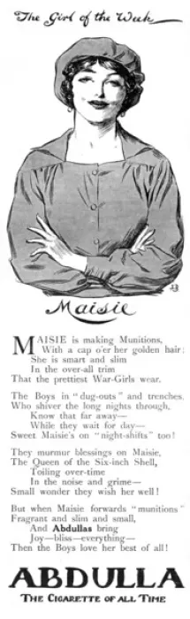 Framed Print : Abdulla Cigarette advert featuring Maisie the Munition Worke Framed Print : Abdulla Cigarette advert featuring Maisie the Munition Worke