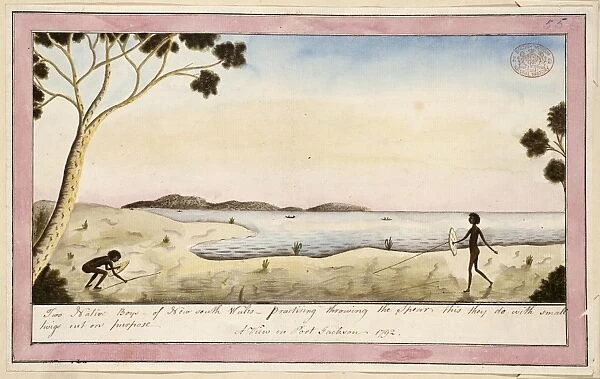 Two Aboriginal boys in a harbour landscape, playing at fight