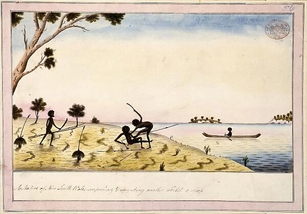 Aboriginal men fighting in a landscape
