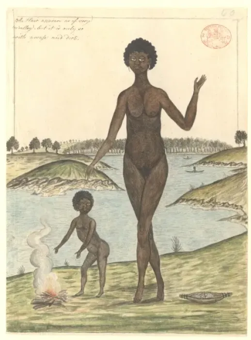 Framed Print : Aboriginal woman and child by a fire Framed Print : Aboriginal woman and child by a fire