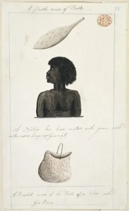Framed Print : An Aborigine with his hair matted with gum, a bark paddle an Framed Print : An Aborigine with his hair matted with gum, a bark paddle an