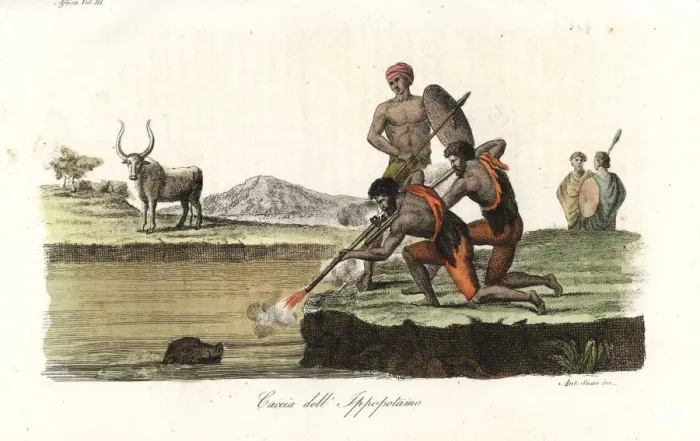 Framed Print : Abyssinians hunting hippopotamus with muskets and spears Framed Print : Abyssinians hunting hippopotamus with muskets and spears