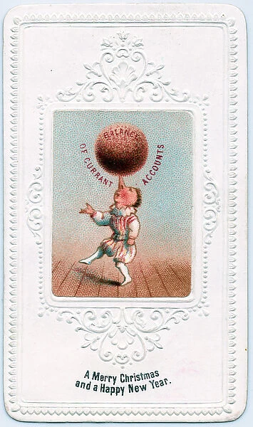 Acrobat balancing pudding on nose on a Christmas card