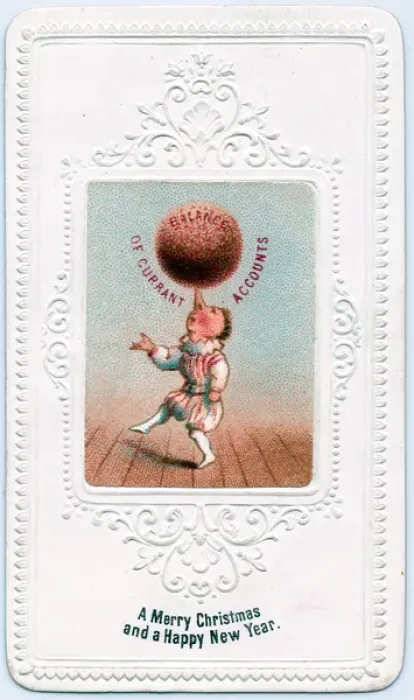 Framed Print : Acrobat balancing pudding on nose on a Christmas card Framed Print : Acrobat balancing pudding on nose on a Christmas card