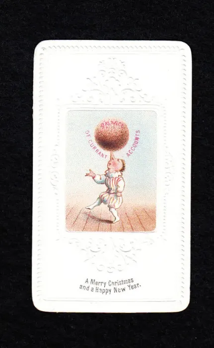 Framed Print : Acrobat balancing pudding on nose on a Christmas card Framed Print : Acrobat balancing pudding on nose on a Christmas card