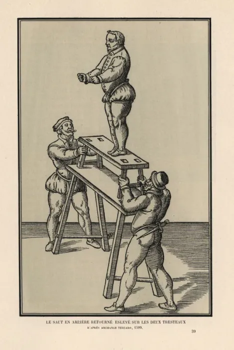 Framed Print : Acrobat performing a backward somersault on two trestles Framed Print : Acrobat performing a backward somersault on two trestles