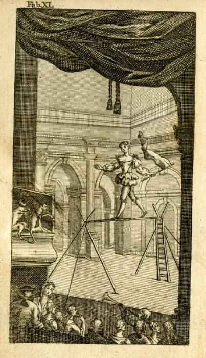 Framed Print : Acrobat walking a tightrope on a stage Framed Print : Acrobat walking a tightrope on a stage