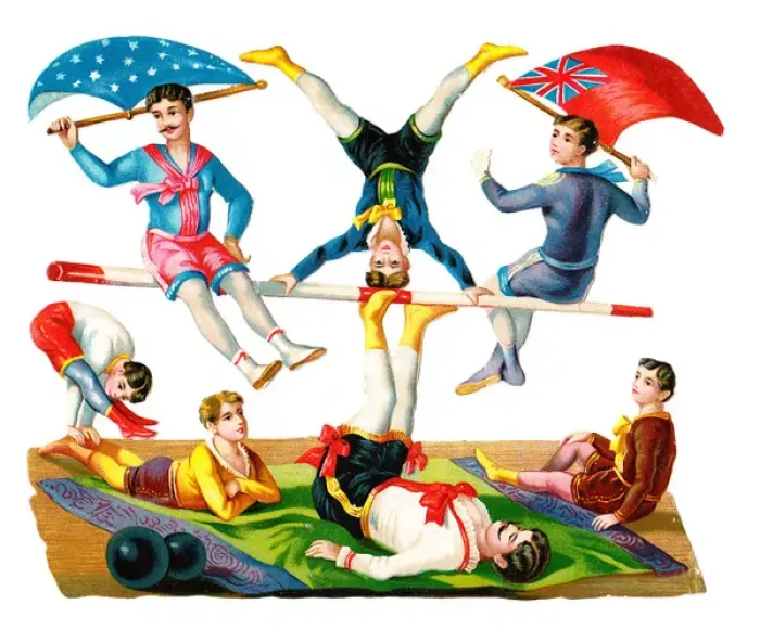 Framed Print : Acrobats on a Victorian scrap Framed Print : Acrobats on a Victorian scrap