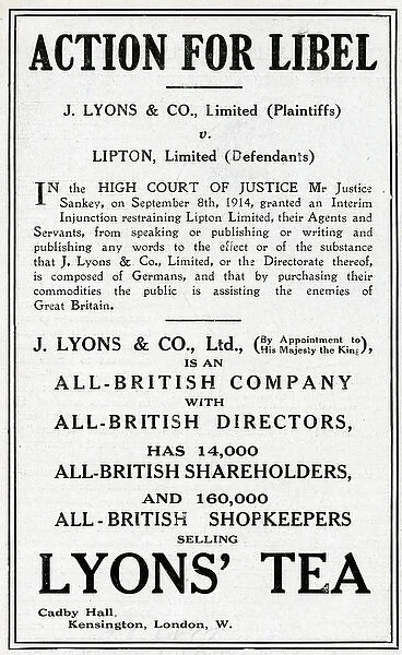 Action for Libel, Lyons v Lipton, WW1