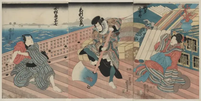 Framed Print : Three actors in the roles of Hakata Kojoro, Kezori Kuemon, a Framed Print : Three actors in the roles of Hakata Kojoro, Kezori Kuemon, a