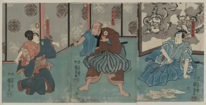 Framed Print : Three actors in the roles of Tanizawa Tanomo, Wakato Kihei Framed Print : Three actors in the roles of Tanizawa Tanomo, Wakato Kihei