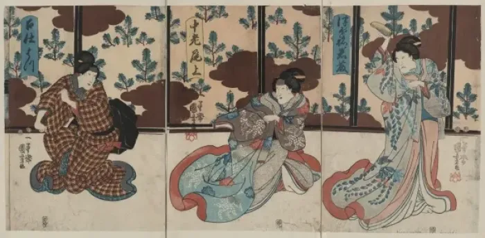 Framed Print : Three actors in the roles of Tsubo no Iwafuji, Churo Onoe, a Framed Print : Three actors in the roles of Tsubo no Iwafuji, Churo Onoe, a