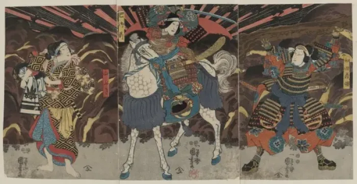 Framed Print : Three actors in the roles of Wadai Yoshimori, Tomoe Gozen, a Framed Print : Three actors in the roles of Wadai Yoshimori, Tomoe Gozen, a