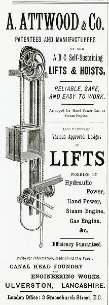 Advert for A. Attwood & Co. lifts and hoists 1889