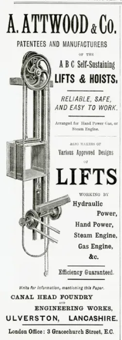 Framed Print : Advert for A. Attwood & Co. lifts and hoists 1889 Framed Print : Advert for A. Attwood & Co. lifts and hoists 1889