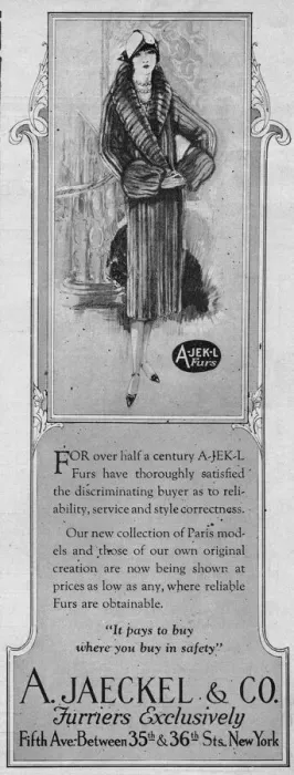 Framed Print : Advert for A. Jaecjel & Co furriers, New York Date: 1925 Framed Print : Advert for A. Jaecjel & Co furriers, New York Date: 1925