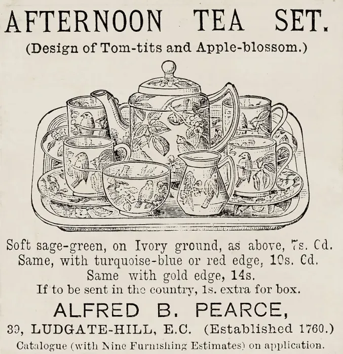 Framed Print : Advert for afternoon tea set (design of tom-tits and apple blossom) by Alfred B. Pearce of Ludgate Hill, east London. Date: 1885 Framed Print : Advert for afternoon tea set (design of tom-tits and apple blossom) by Alfred B. Pearce of Ludgate Hill, east London. Date: 1885