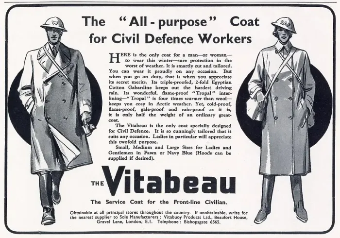 Framed Print : Advertisement for all purpose Civil Defence workers coat for the winter months. Date: 1941 Framed Print : Advertisement for all purpose Civil Defence workers coat for the winter months. Date: 1941