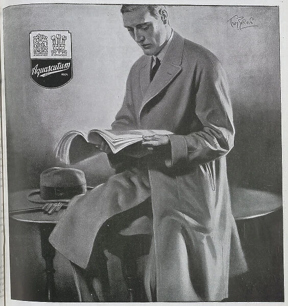 Advertisement for Aquascutum, by Tom Purvis. Showing elegant man in Aquascutum coat, reading a magazine, whilst seated on a table. Aquascutum was founded in 1851 by John Emary, creating the first waterproof wool fabric in 1853