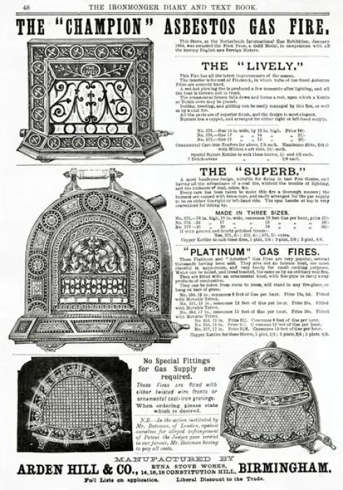 Framed Print : Advert for Arden Hills & Co gas fires 1884 Framed Print : Advert for Arden Hills & Co gas fires 1884