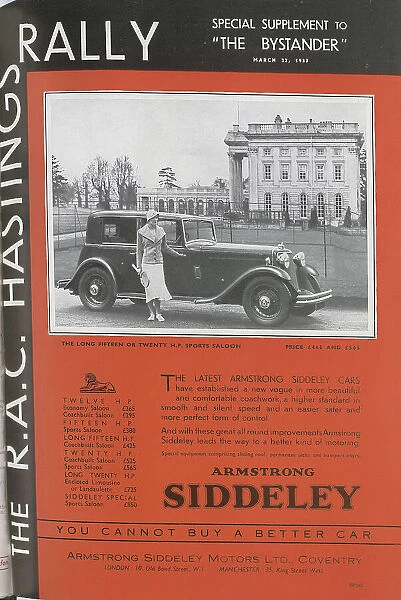 Advertisement for Armstrong Siddeley cars, showing woman standing by a car in front of a grand house. Mono photograph, with colour borders. Front cover from special supplement, RAC Hastings Rally