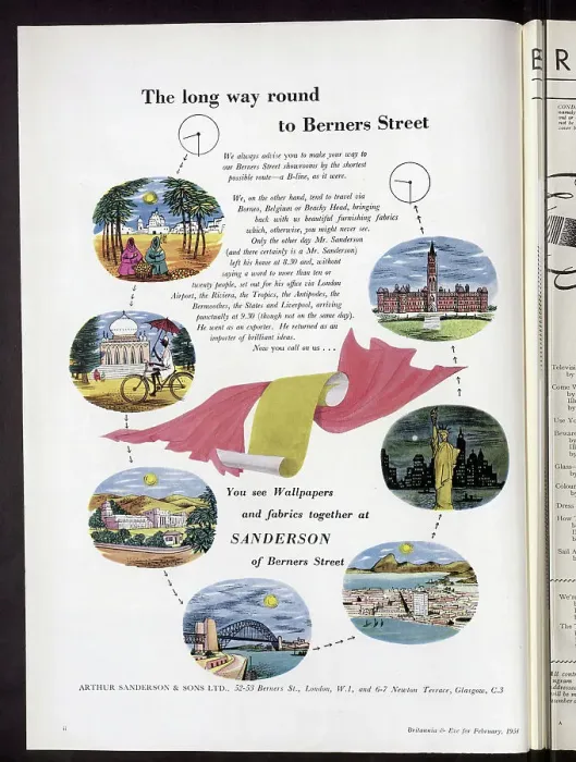 Framed Print : Advert for Arthur Sanderson and Sons, highlighting the international provenance of the fabrics and wallpapers available at their Berners Street showroom. Date: 1954 Framed Print : Advert for Arthur Sanderson and Sons, highlighting the international provenance of the fabrics and wallpapers available at their Berners Street showroom. Date: 1954