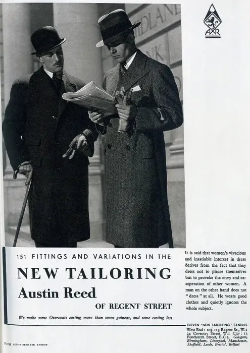 Framed Print : Advertisement for Austin Reed tailoring. Outdoor scene showing two men in overcoats reading a newspaper, outside a Midland Bank. Captioned, 151 fittings and variations in the new tailoring, Austin Reed of Regent Street Framed Print : Advertisement for Austin Reed tailoring. Outdoor scene showing two men in overcoats reading a newspaper, outside a Midland Bank. Captioned, 151 fittings and variations in the new tailoring, Austin Reed of Regent Street